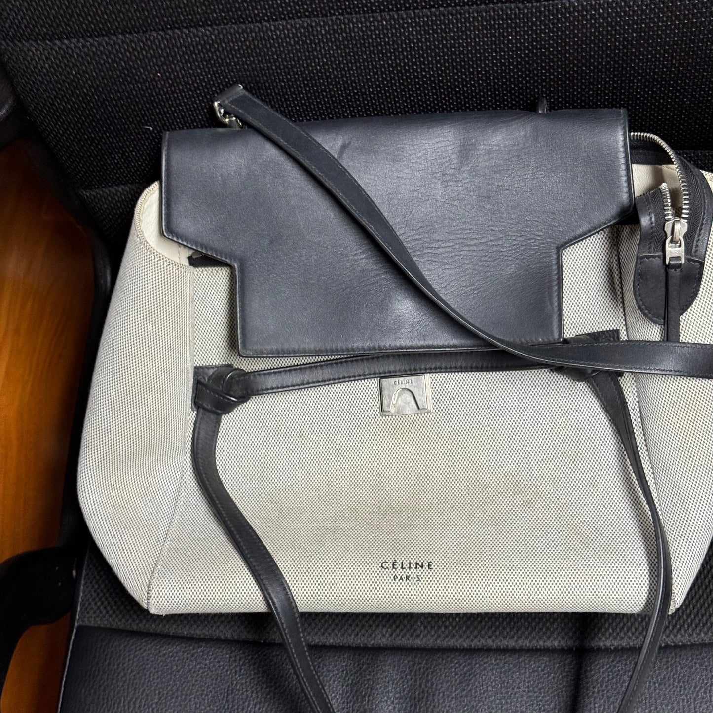 Celine Black And White Canvas Mini Belt Top Handle Bag