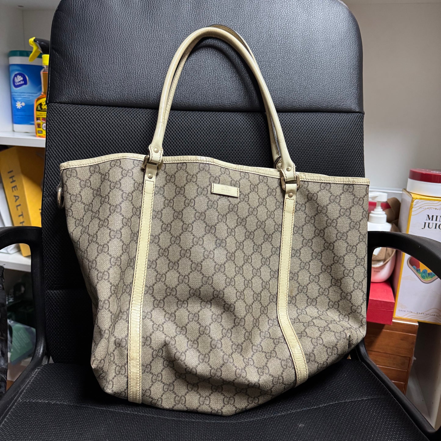 Gucci GG Supreme Canvas Tote Bag with Leather Trim