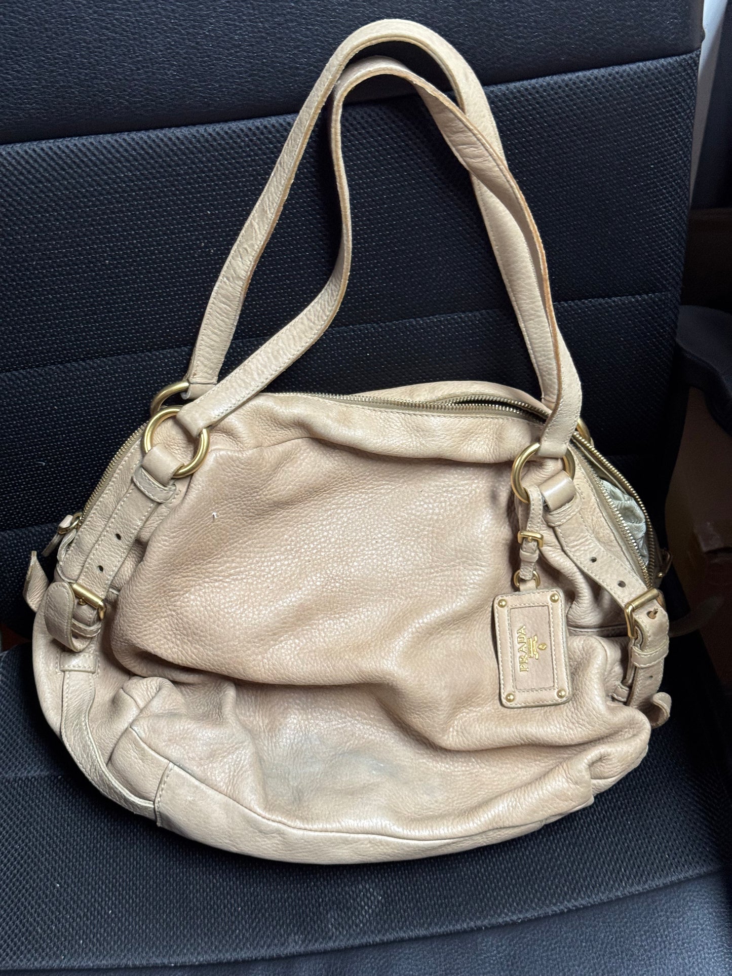 Prada Beige Calfskin Napa Leather Convertible Belted Bag