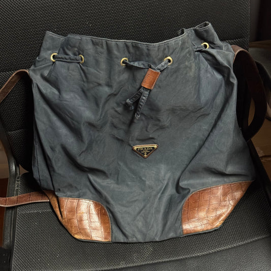 PRADA Nylon Patent Leather Drawstring Shoulder Bag Black