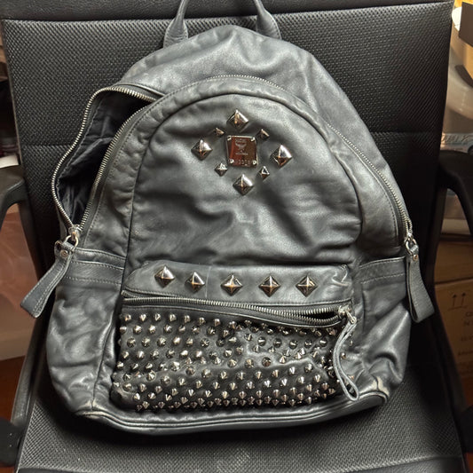 MCM Medium Studded Black Calfskin Leather Backpack
