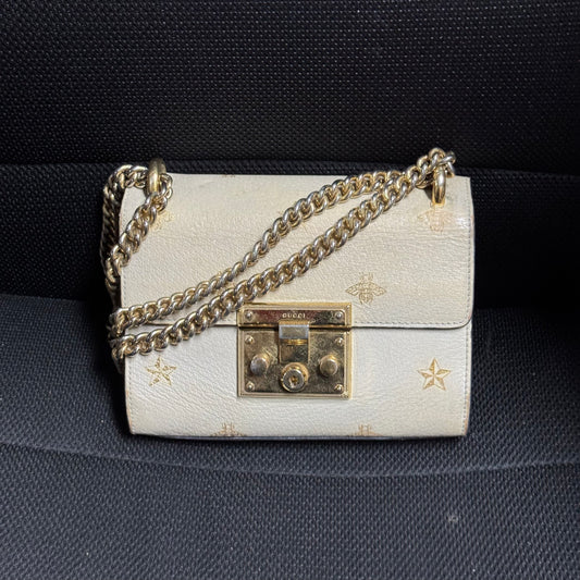 Gucci White Small Padlock Bee Star Crossbody Bag Golden