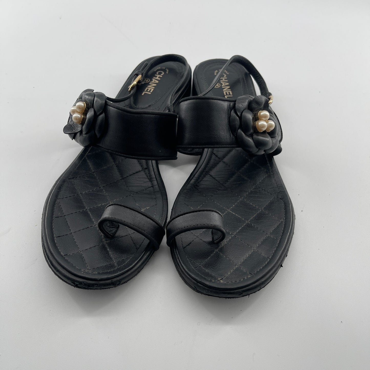 Chanel Camellia Pearl Flat Sandals Size 39