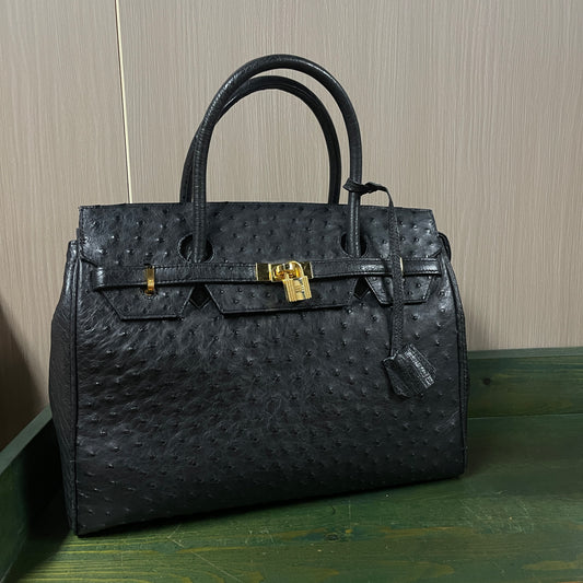Black Tote Bag In Ostrich Skin
